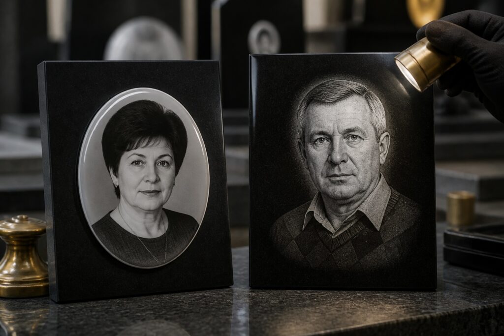 Порівняння фотокераміки та гравіювання портрета на чорному граніті