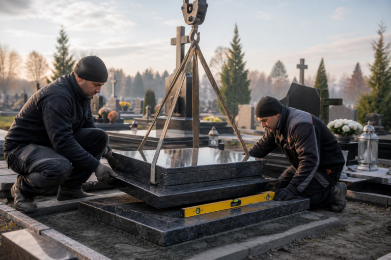 Майстри встановлюють гранітний пам’ятник на підготовлену основу