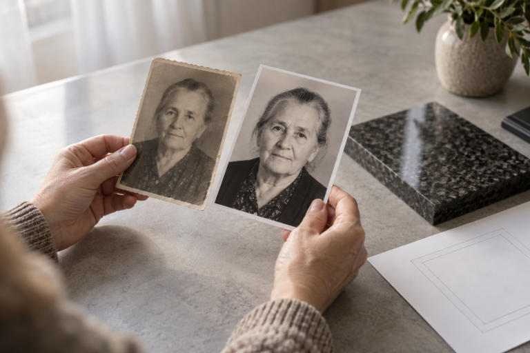 Родина порівнює стару й сучасну фотографії для портрета на пам’ятнику